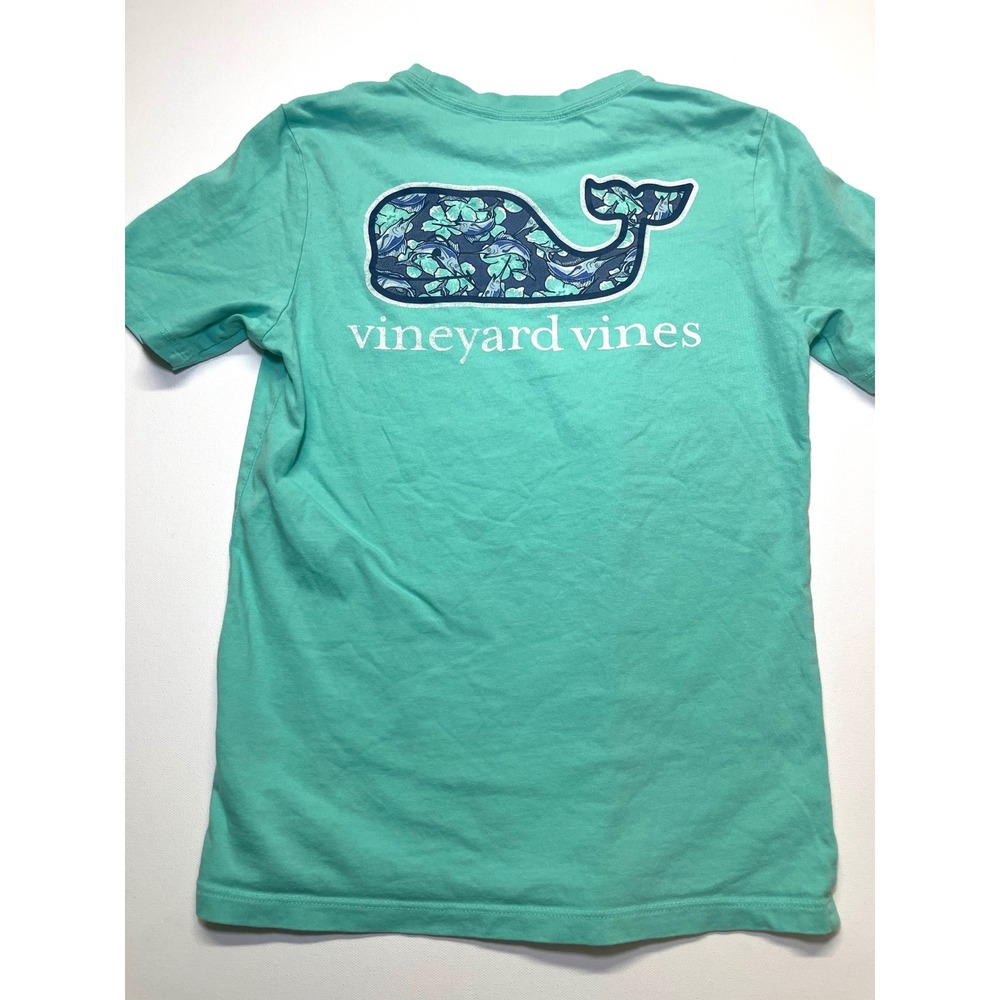 Vineyard Vines Boys S 8-10 Seafoam Green Whale Pocket T-Shirt Floral Graphic 458
